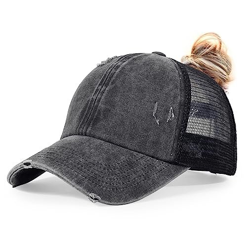 HH HOFNEN Ponytail Hat for Women Washed Distressed Baseball Cap Ponycaps - color: #1-3 Black