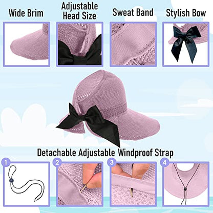Straw Sun Visor for Women, Wide Brim UPF 50+ Protection Beach Hat, Adjustable, Roll Up Foldable Ponytail Cap with Chin Strap - color: A Light Pink