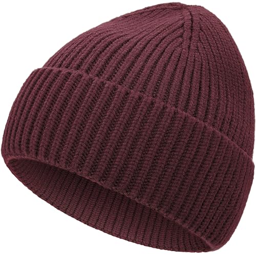 vidsel 50% Wool Thick Beanie Hat Men Women, Seamless Cuffed Winter Knit Cap - color: 1pcs Burgundy