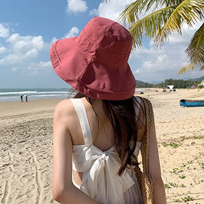 HUAMULAN Wide Brim Women Summer Sun Floppy Hat Reversible Beach Bucket Hat - color: M1744-jiuhong