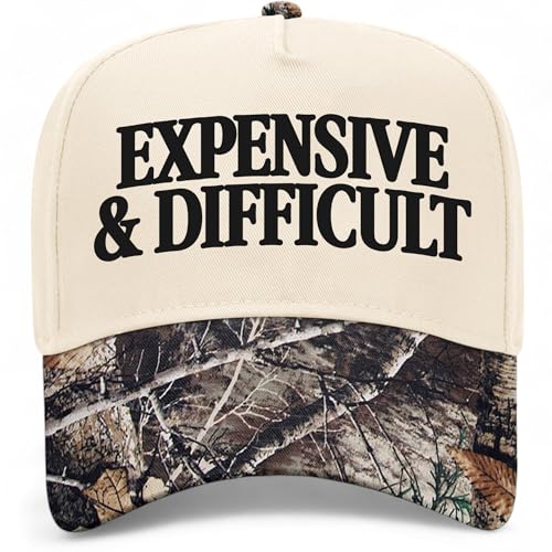 Expensive & Difficult Serif Vintage Trucker Hat | Funny Premium Snapback Baseball Hat for Men & Women - color: Tree Camo/Natural