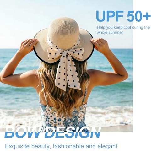 DRESHOW Sun Hats for Women Travel Fedora Foldable Beach Sun Hat Summer Wide Brim Straw Bucket Hat with Bowknot UPF 50+ - color: 1 Pack Bowknot Straw Hat: Beige With Black Trim