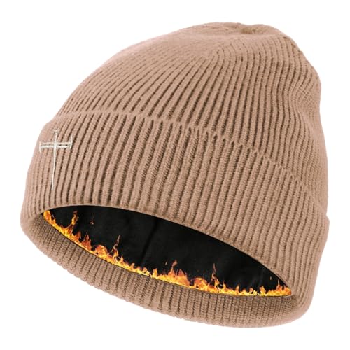 Winter Beanie for Men Women Fleece Lined Beanies Hats Soft Warm Thick Knit Hat - color: Khaki