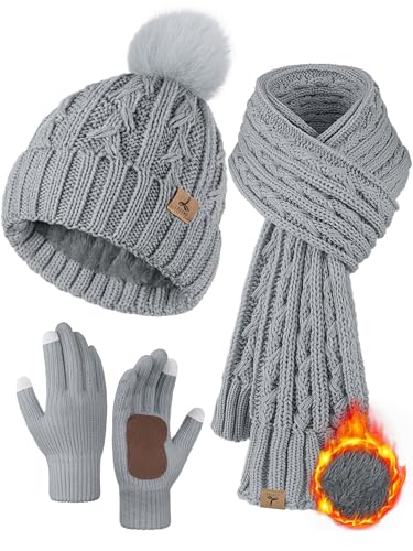 Winter Hat Scarf Gloves Set, Fleece Lined Cable Knit Pompom Hat Women Gift - color: Light Gray