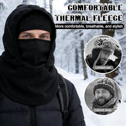 Outdoor Winter Warm Hat Neckband Integrated Cycling Mask, Winter Balaclava Ski Mask, Windproof Fleece Face Cover - color: Black