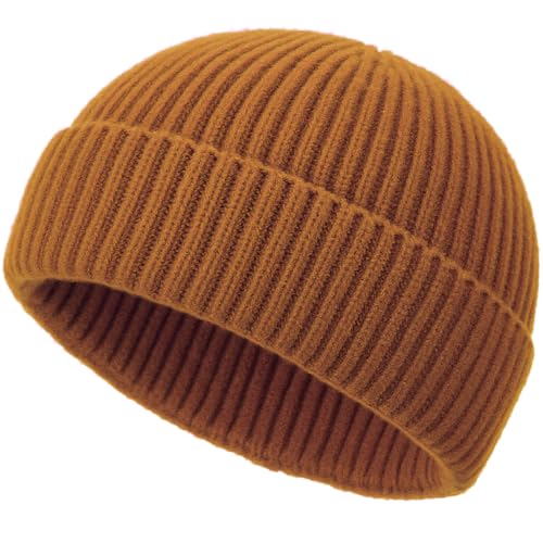 Wool Fisherman Beanies for Men Knit Fall Winter Beanie Hat Skull Cap - color: Golden Brown