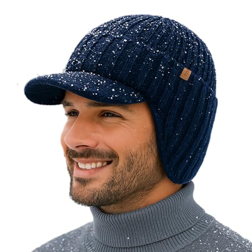 TOP-EX DryKnit™ 80% Merino Wool Waterproof Warm Brim Beanie with Ear Flaps - color: Navy, size: Medium