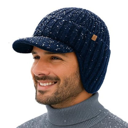 TOP-EX DryKnit™ 80% Merino Wool Waterproof Warm Brim Beanie with Ear Flaps - color: Navy, size: Medium