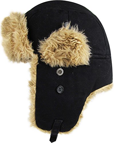 Wool Blend Aviator Trapper hat Trooper Ear Flaps Ushanka Eskimo Russian Warm Winter Cold… - color: 4. Black Canvas