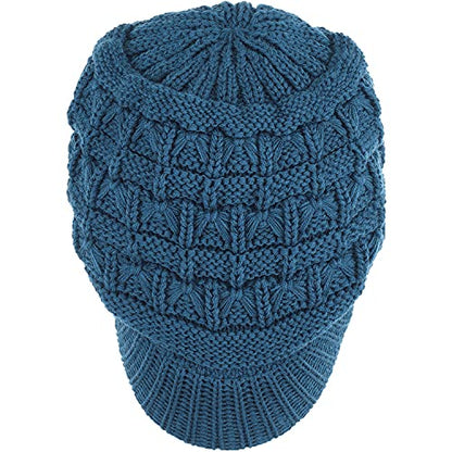BYOS Womens Winter Chic Cable Warm Fleece Lined Crochet Knit Hat W/Visor Newsboy Cabbie Cap - color: Basket Woven-teal Blue