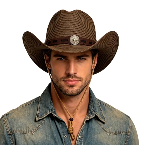 Unisex Straw Cowboy Hat Wide Brim Western Sun Hat Adjustable Beach Cowgirl Hat for Summer Outdoor Sun Protection - color: Coffee Colored, Leather Hat Strap