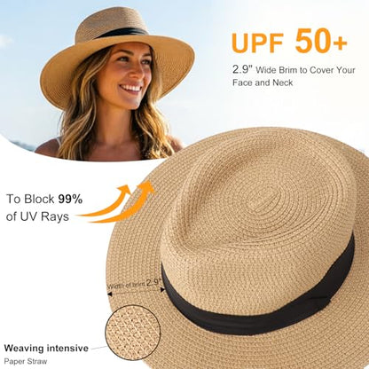 DRESHOW Women Straw Panama Hat Travel Fedora Beach Sun Hat Summer Wide Brim Straw Roll up Hat UPF 50+ - color: Z Panama Straw Hat: Khaki a