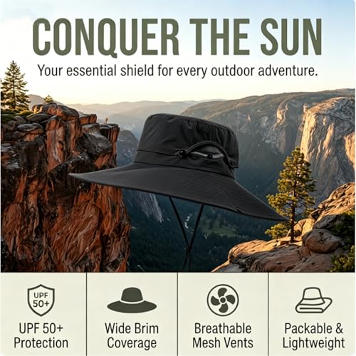 Fishing Sun Hat for Men UPF 50+ Wide Brim Boonie Hats for Summer - color: Black