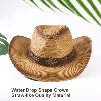 AQOKKA Straw Cowboy Hats for Women Men Western Cowgirl Hats with Shapeable Brim Woven Hollow Out Unisex Beach Roll Up Caps - color: Spray-painted Cowboy Hats : Coffee+khaki