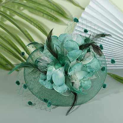 JWICOS Fascinators Hat for Women 50s Flower Hat with Veil Cocktail Wedding Tea Party Church Derby Hat - color: Green