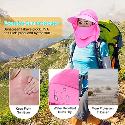 Women Wide Brim Face Mask Sun Hat Detachable Neck Face Flap Ponytail UV Protection Visor Hat Garden Fishing Hiking - color: A7-shun005-meihong