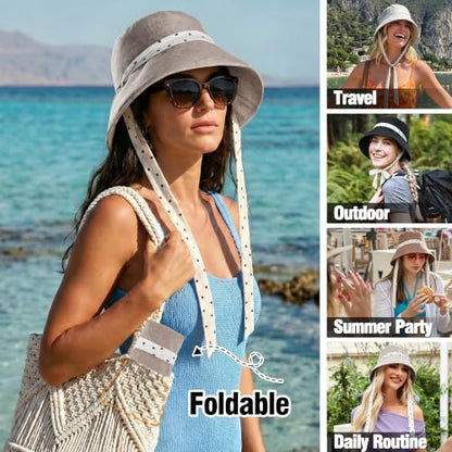 Babalet Linen Blend Sun Hat for Women Wide Brim Beach Bucket Hat - color: Lightgrey- Ponytail Opening