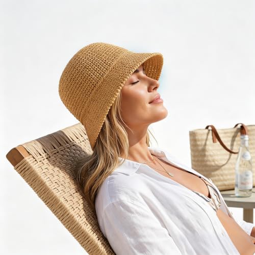 Avxdbr Womens Sun Hat Crochet Straw Bucket Hat Wide-Brimmed Beach Cap