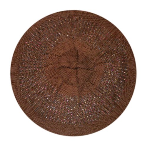Morehats Women's Warm Metallic Stripe Knit Beret Hat - color: Brown