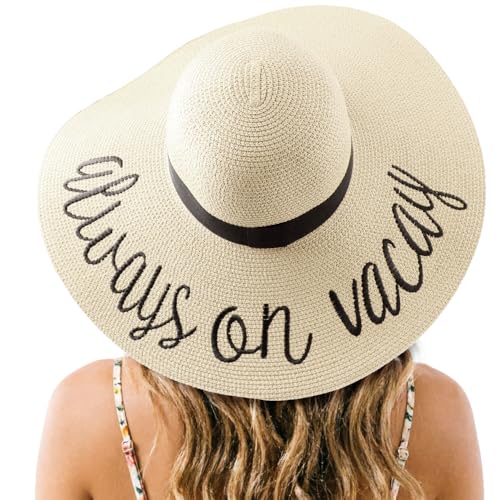 DRESHOW Big Straw Sun Hats for Women Floppy Foldable Roll up Beach Cap Sun Hat UPF 50+ Vacation Honeymoon Embroidered Hat - color: Ae Always on Vacay: Beige