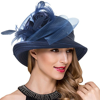 Ruphedy Women Derby Church Dress Bucket Hat Fascinators Tea Party Wedding Hat - color: Navy