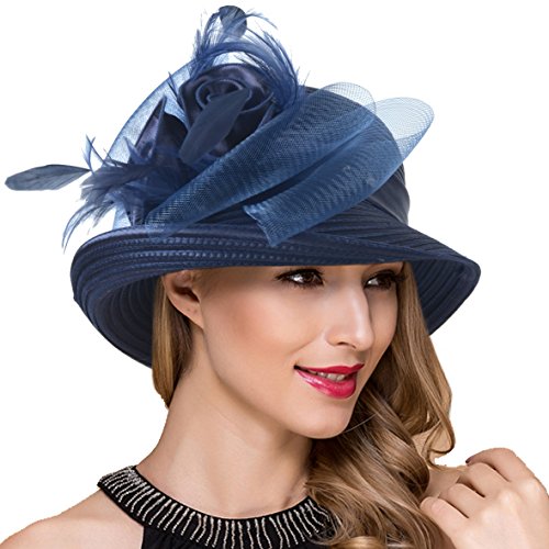 Ruphedy Women Derby Church Dress Bucket Hat Fascinators Tea Party Wedding Hat - color: Navy