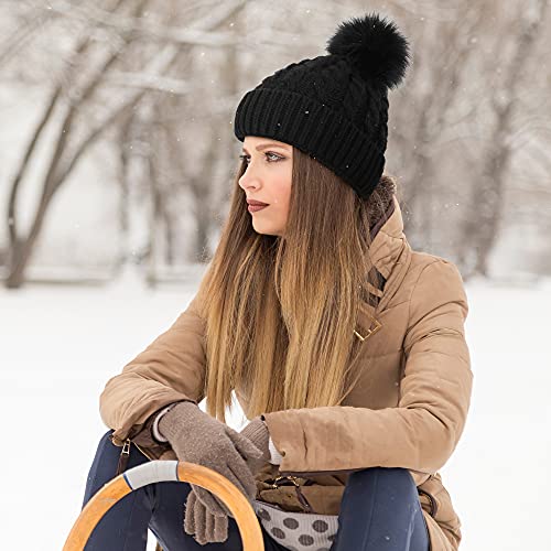 Livingston Women's Winter Soft Knit Beanie Hat with Faux Fur Pom Pom Warm Skull Cap Beanies for Women - color: Fleece Lined_black 1
