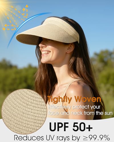 Sun Visor Hats for Women, Summer Straw Beach Ponytail Hat - color: Beige