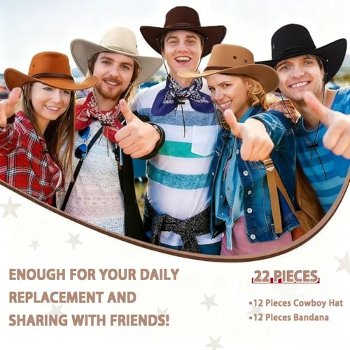 12 Set Cowboy Hats with Bandanas, Felt Western Cowgirl Hats Bulk