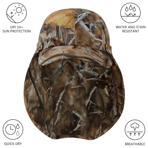 BASSDASH UPF 50+ Fishing Hat, Baseball Cap with Removable Neck Flap - color: Autumn Forest With Unfoldable Brim