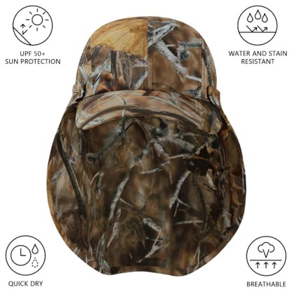 BASSDASH UPF 50+ Fishing Hat, Baseball Cap with Removable Neck Flap - color: Autumn Forest With Unfoldable Brim
