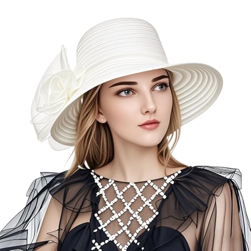 Haoohu Women's Church Derby Hat Wide Brim Bow Bucket Hat Wedding Dress Hat Fascinator Bridal Tea Party Hat - color: White