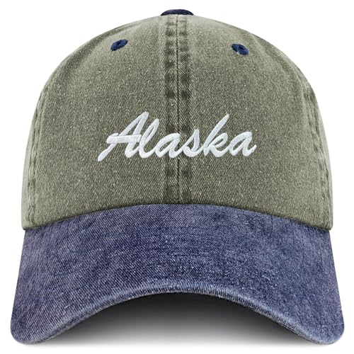 Trendy Apparel Shop Alaska State Embroidered Low Profile Adjustable Cotton Cap - color: Olive Navy