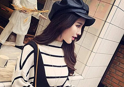 Women PU Leather Newsboy Cabbie Peaked Beret Cap Vintage Baker Boy Visor Hat