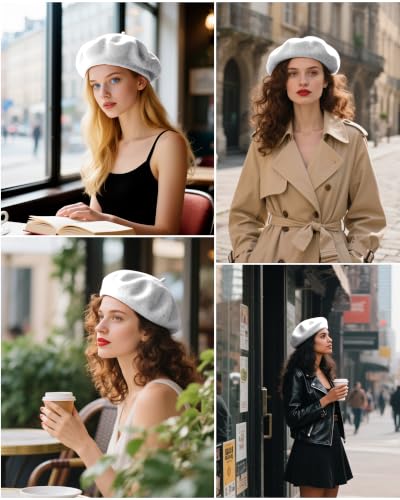 French Beret Hats for Women - Wool Solid Color Beanie Cap - color: Melange Grey