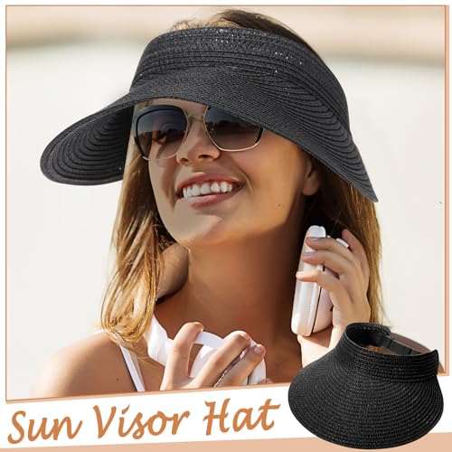 Chicingyou Sun Visor Hat for Women Wide Brim Straw Visors Beach Hat Ponytail UV UPF Packable Foldable Travel - color: Black