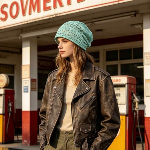 Women's Sparkly Lace Beanie Hat for Women, Lightweight Breathable Knit Skull Cap,Fashion Slouchy Beanie - color: Light Green 010