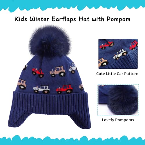 Kids Winter Hat with Ear Flaps, Toddler Boys Girls Fleece Lined Knit Beanie Colorful Pattern Pom Pom Ski Cap for 2-10Y - color: Royal Blue,car(fleece Lined ), size: 2-4T
