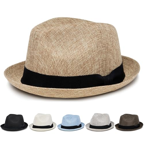 Funky Junque Men's Panama Porkpie Fedora, Linen Summer Beach Hat - color: Sand, size: Small-Medium