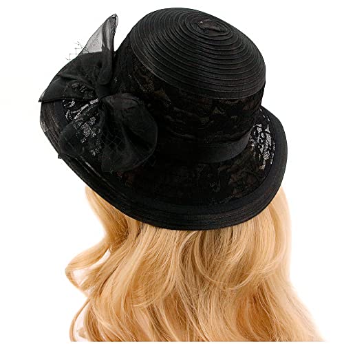 Haoohu Women's Church Derby Hat Wide Brim Bow Bucket Hat Wedding Dress Hat Fascinator Bridal Tea Party Hat - color: Mb Black