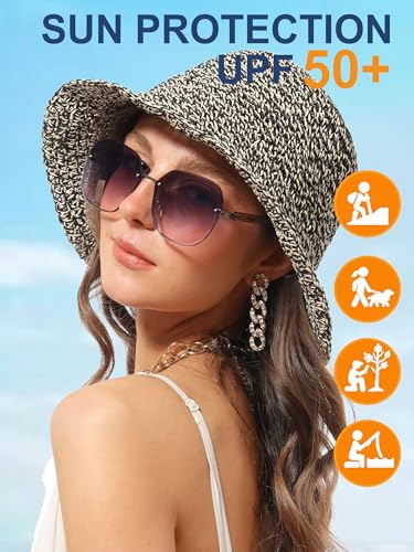 Womens Sun Hat Handmade Crochet Straw Bucket for Summer Foldable Travel Cap - color: Beige & Black