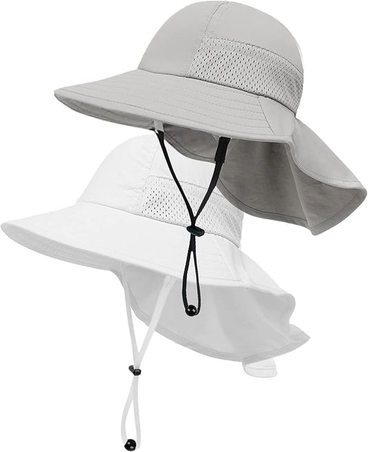Toddler Baby Sun Hat Kids Summer Beach Essentials Adjustable Beach Hats with Bucket Wide Brim for Boys Girls Age 0-14 Years - color: 2 Pack (Grey + White), size: 6-24 Months