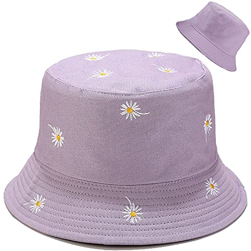 XYIYI Daisy Purple Bucket Hat Cute Beach Fisherman Hats for Women, Reversible Double-Side-Wear