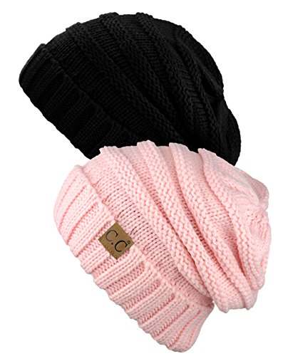 NYFASHION101 Oversized Baggy Slouchy Thick Winter Beanie Hat - color: Black & Pale Pink
