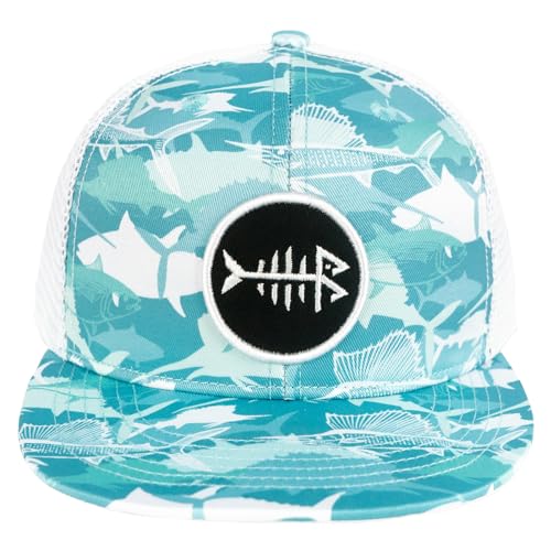 BASSDASH Flat Brim Trucker Cap Adjustable Snapback Hat Mesh Back for Men Women - color: Fish Camo