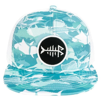 BASSDASH Flat Brim Trucker Cap Adjustable Snapback Hat Mesh Back for Men Women - color: Fish Camo