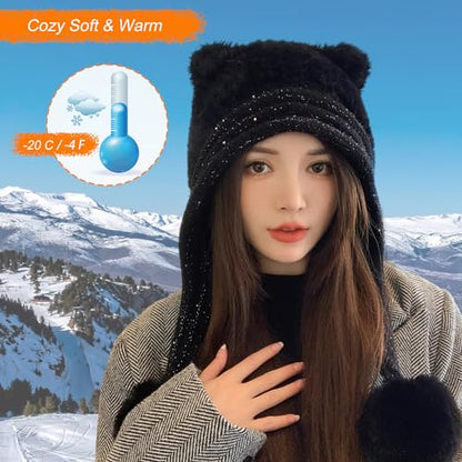 HUAMULAN Women Winter Sherpa Knit Beanie Hats with Pom Poms Ear Flaps - color: Black