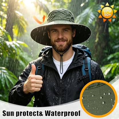 Mens Sun Hat Wide Brim Sun Hats for Men UV Protection Waterproof Bucket Hat - color: Army-green