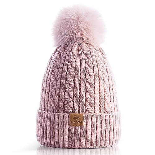 PAGE ONE Women Winter Pom Pom Beanie Hats Warm Fleece Lined Knit Hat Chunky Trendy Cute Cap - color: Pink-1