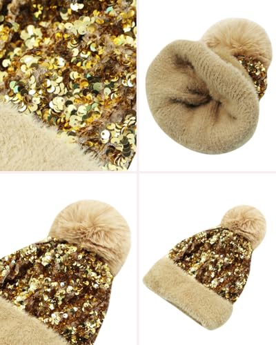 Women Sparkly Sequins Knitted Beanie Hat Warm Winter Skull Cap with Faux Fur Pom Pom - color: Gold